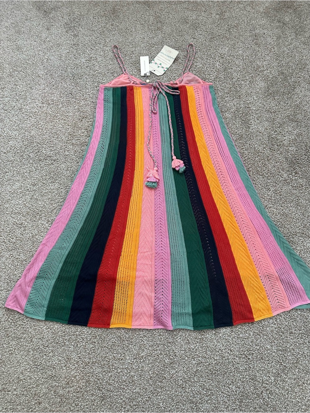 Farm Rio Crochet Rainbow Stripe Mini Dress NWT Size S Lace Up Back - Picture 5 of 14